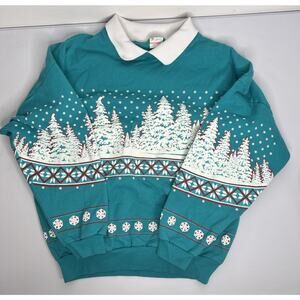 Vintage 90s USA Nature Trees Snow Print Teal Sweater Lifestyles Grannycore OS